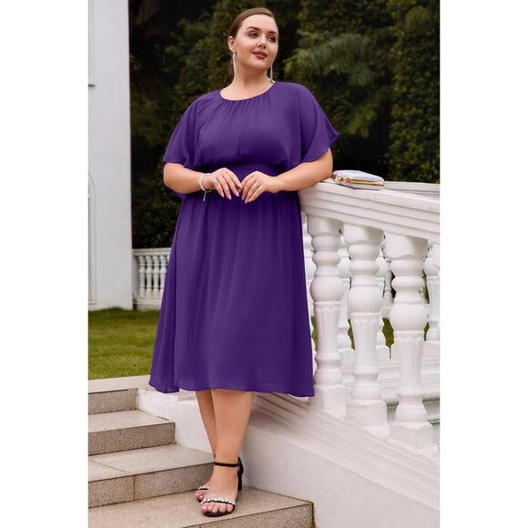 Plus Size Chiffon Dress Women Flounce Sleeves Empire Waist A Line Summer - Picture 4 of 7